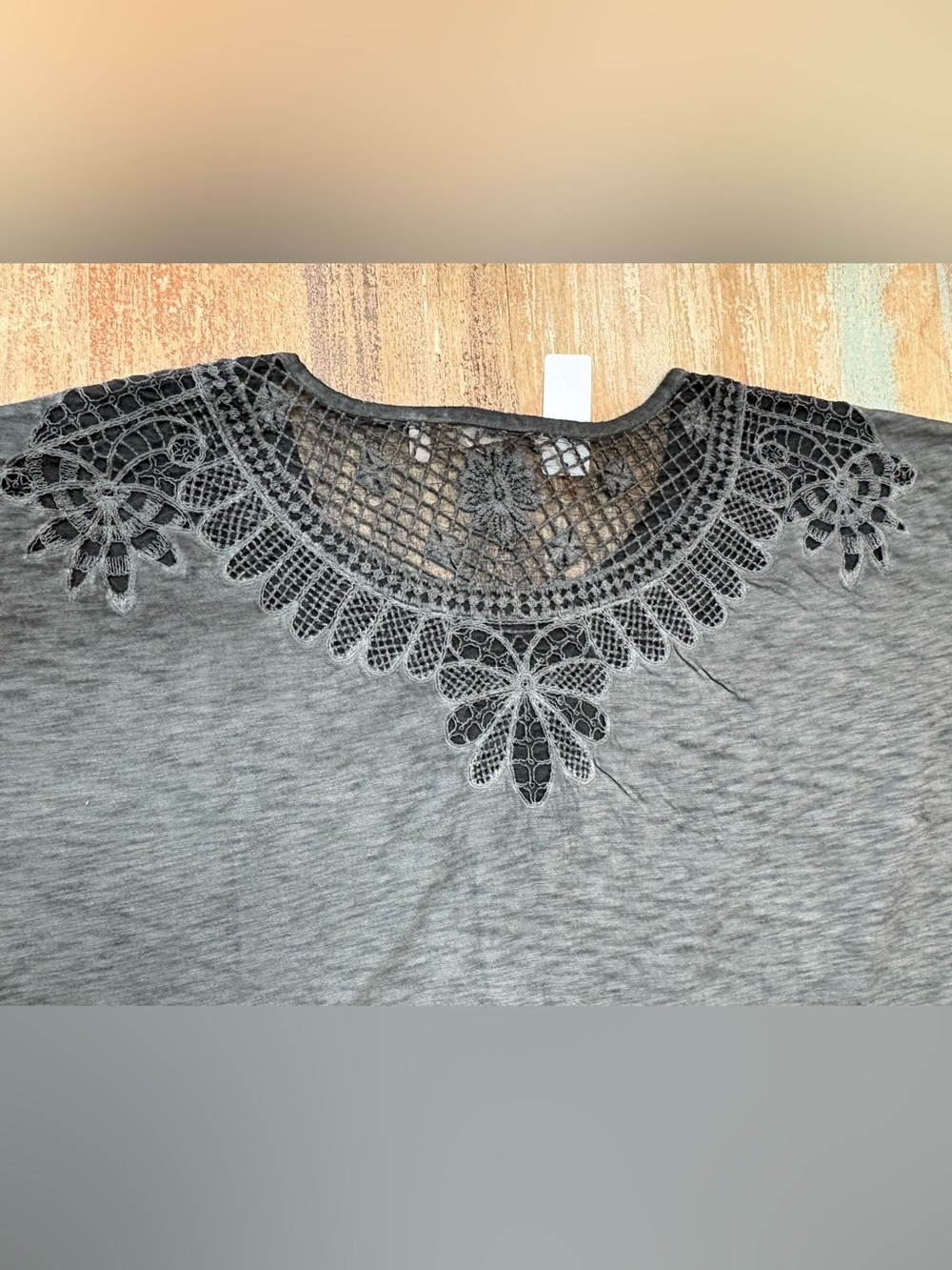 Soft Surroundings Grey Knit Top with Lace Yoke at the Back of the Neck